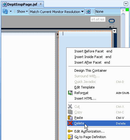 DeptEmpPage с курсор позиционируется в правой области и правой кнопкой мыши меню, Удалить параметр выбран.
