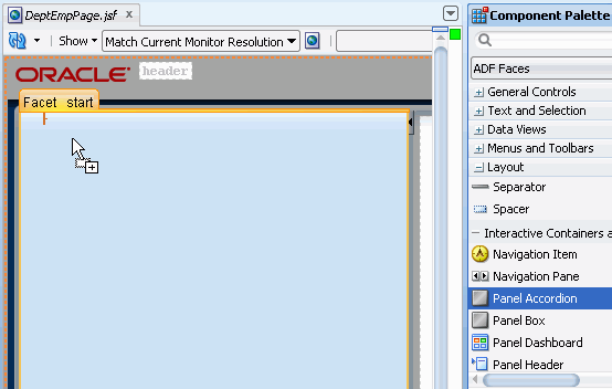 Дизайн Редактор показывая PanelAccordion компонента была втянута в DeptEmpPage страницы.