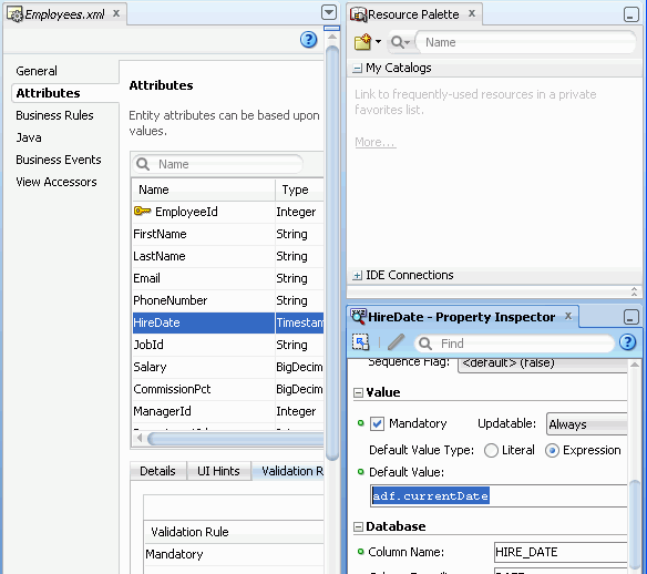 Employees.xml файл с HireDate, выбранного в Атрибуты вкладку. В режиме по Умолчанию поле Date показывает АПД:currentDate подчеркивается в поле.
