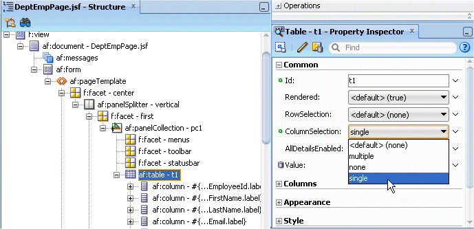 Структура окна с af:Таблица выбрана, и PI для Таблицы с ColumnSelection набор свойств для одного.