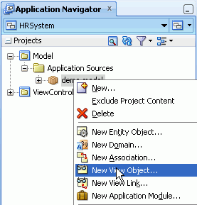 App навигатор с demo.model пакет, выбранные и Новый Вид Объекта chosed из контекстного меню.