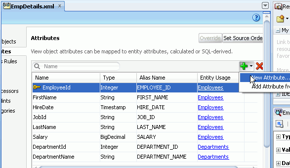 EmpDetails.xml файл с Атрибутами вкладка выбрана. Выпадающее меню на зеленый плюс с Нового Атрибута selected.