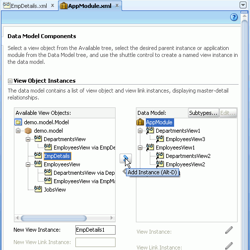 Модель данных вкладке AppModule.xml файл. EmpDetails выбран в Доступных View Objects, и курсора на стрелку готов передать ее в Модель Данных панели.