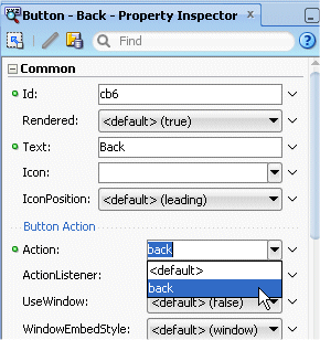 PI показывая Кнопку свойства с свойство Action списка и обратно выбран.