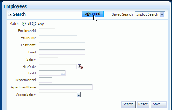 Runtime просмотра страницы в браузере; наведении курсора на кнопку Advanced.