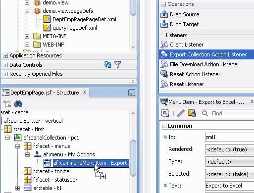 Структура окна и PI рядом с Экспортом CollectionAction Слушателя в процесс тащили на пункт меню Экспорт в Excel.