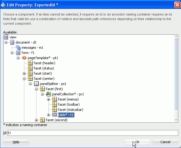 Редактировать Недвижимости:ExportedId диалог с Таблица выбрана, и курсор мыши на OK.