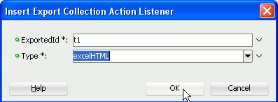 Вставьте Экспорт Коллекции Действий Слушателя диалог с excelHTML подчеркивается в поле Типа, и курсор мыши на OK.