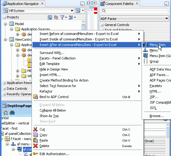 Структура окна с меню, выберите элемент и Вставьте после автофокусировки:commandMenuItem - Экспорт в Excel > Элемент Меню, выбранный в контекст.