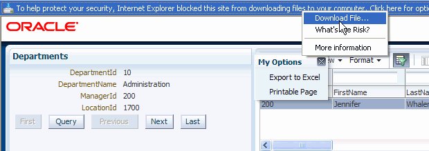 Screebshot tof DeptEmpPage с Internet Explorer сообщение по верху pageand Скачать Файл выбран параметр из меню опций.