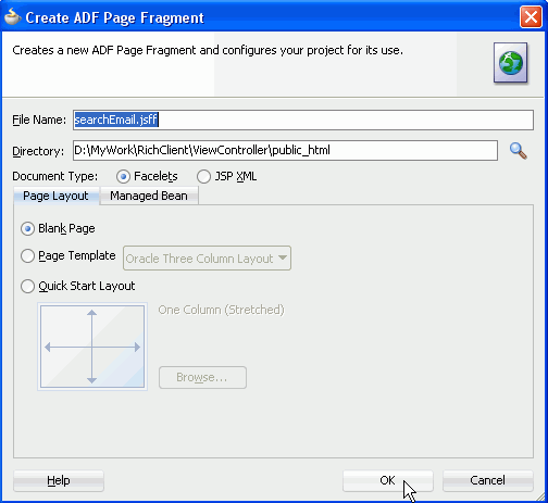 Создать АПД Странице Фрагмент диалоговое окно с Именем Файла, searchEmail.jsff выделен, а курсор мыши на кнопке OK.