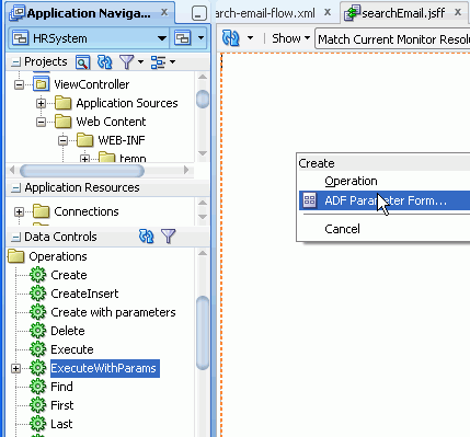 App Navigaotr с ExecuteWithParams эксплуатации, выбранного в Данных Управления аккордеон и курсор в searchemail фрагмент страницы, отображение Создать окно и курсор над ADF Parameter Form.